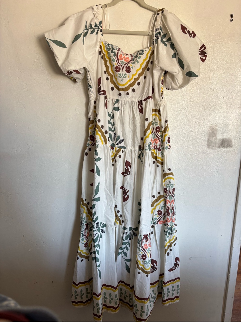 White Printed Maxi Dress with Puff Sleeves